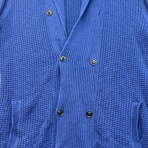 Gap‎ Men's L Tall Shawl Collar Cardigan Sweater Blue Waffle Knit Double Breasted - Picture 3 of 14